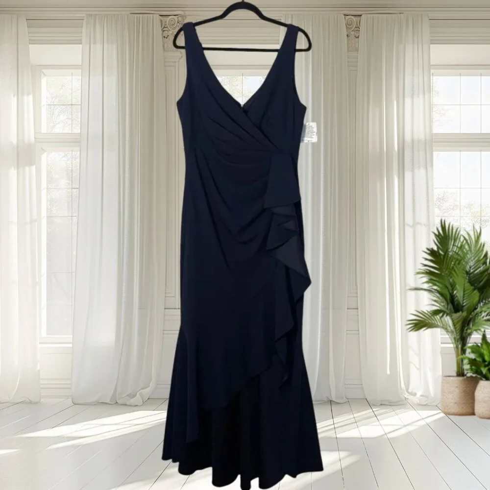 Betsy & Adam Navy Blue Ruffle High-Low Gown Size 14 NWT | Elegant Formal Dress - Picture 2 of 15